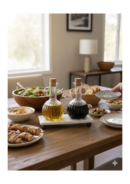 Mermer Stantlı Borosilikat Cam 2'li Akasya Kapaklı Yağlık Sosluk 300 ml modelleri