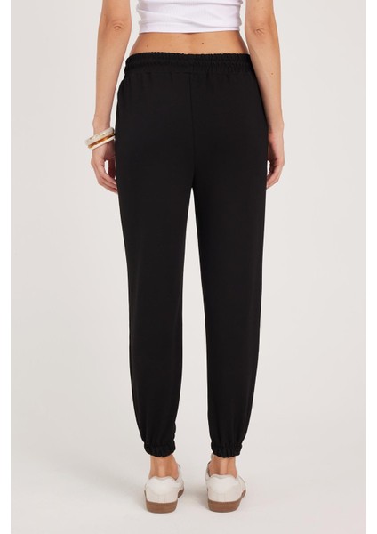 Kadın Relax Fit Rahat Kesim Modal Kumaş Beli Bağlamalı Lastikli Jogger Siyah Pantolon