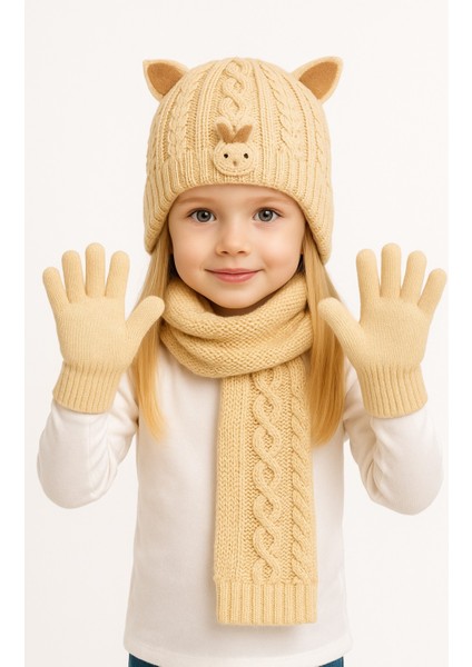 Tavşan Desenli Kız Çocuk 3'lü Bere Takım