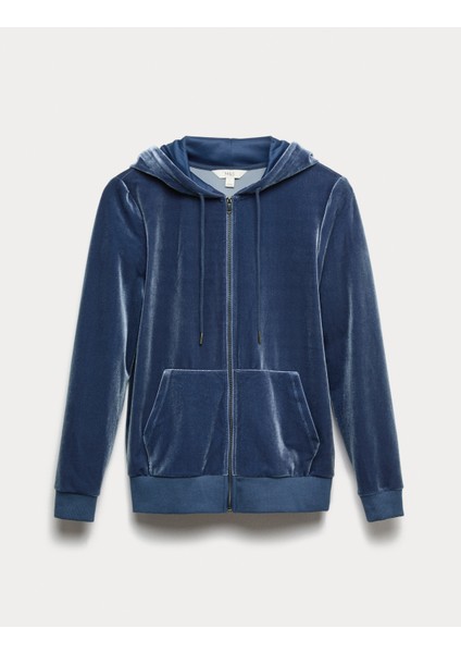 Kadife Kapüşonlu Fermuarlı Hırka