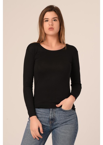 Yuvarlak Yaka Uzun Kollu Pamuklu Siyah Body