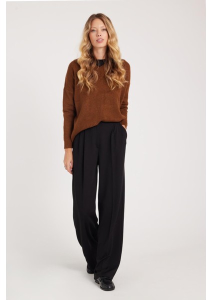 Kadın Regular Fit Klasik Kesim Yüksel Bel Geniş Paça Siyah Pantolon fırsatları