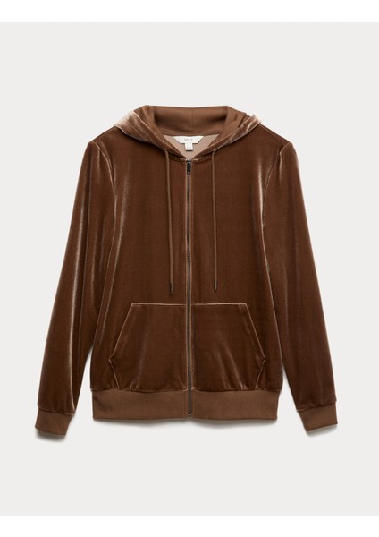 Kadife Kapüşonlu Fermuarlı Hırka