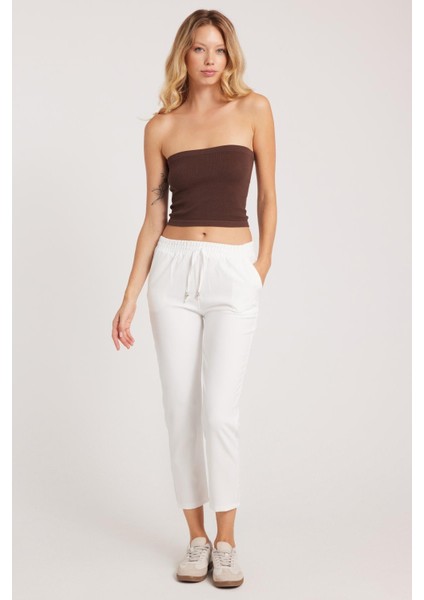 Kadın Relax Fit Rahat Kesim Yüksel Bel Dar Paça Beli Lastikli Bağcıklı beyaz Pantolon fiyatları