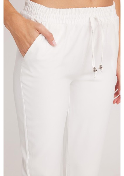 Kadın Relax Fit Rahat Kesim Yüksel Bel Dar Paça Beli Lastikli Bağcıklı beyaz Pantolon modelleri