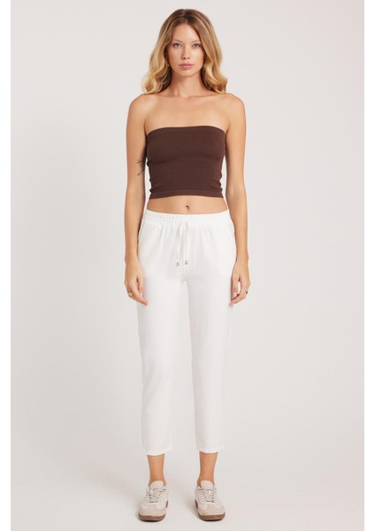 Kadın Relax Fit Rahat Kesim Yüksel Bel Dar Paça Beli Lastikli Bağcıklı beyaz Pantolon fırsatları