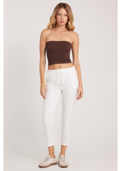 Kadın Relax Fit Rahat Kesim Yüksel Bel Dar Paça Beli Lastikli Bağcıklı beyaz Pantolon indirimleri