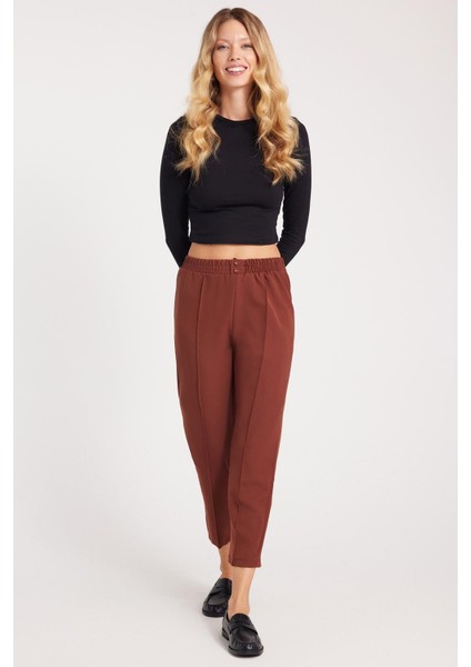 Kadın Relax Fit Rahat Kesim Yüksel Bel Düz Paça Beli Lastikli Kahverengi Pantolon fırsatları