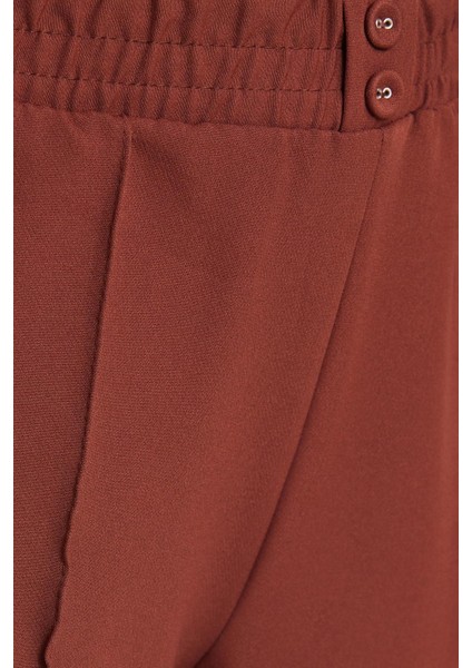 Kadın Relax Fit Rahat Kesim Yüksel Bel Düz Paça Beli Lastikli Kahverengi Pantolon