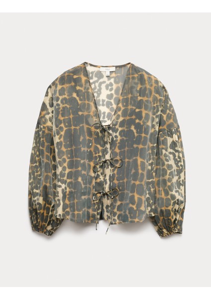 Desenli V-Yaka Bağlamalı Bluz