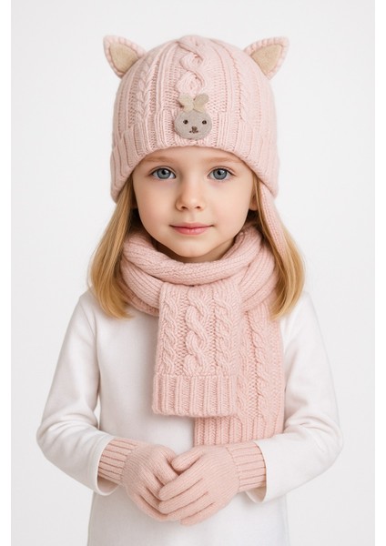 Tavşan Desenli Kız Çocuk 3'lü Bere Takım