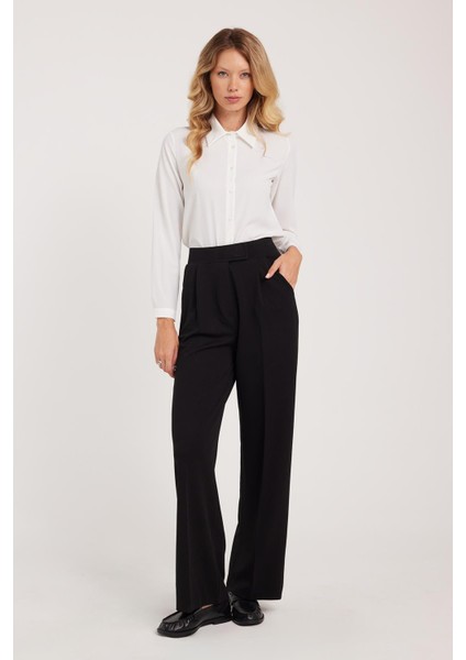 Kadın Regular Fit Klasik Kesim Cırt Kapamalı Geniş Paça Siyah Pantolon fiyatları
