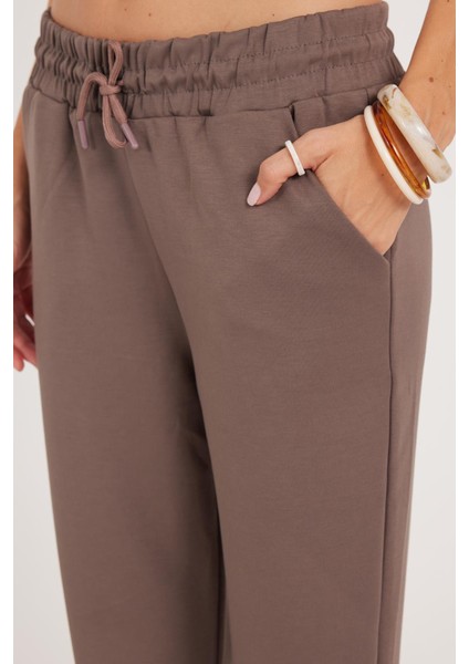 Kadın Relax Fit Rahat Kesim Modal Kumaş Beli Bağlamalı Lastikli Jogger Açık Kahve Pantolon modelleri