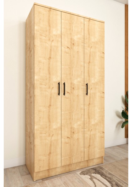 Ases ASL644 Geniş Gardırop 3 Kapaklı Elbise Dolabı Siyah Kulplu Beyaz ve Safir Meşe