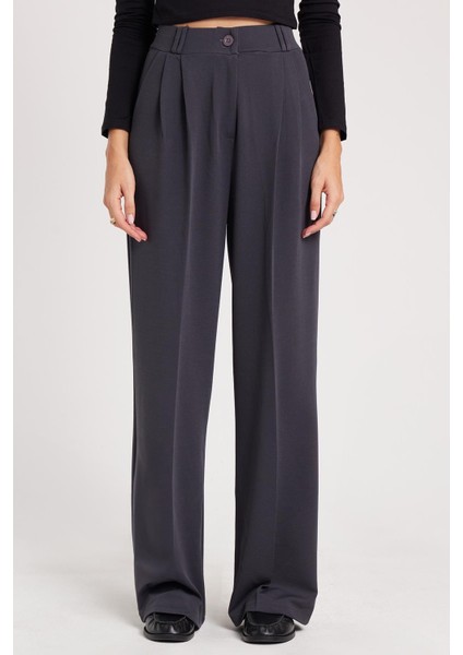 Kadın Regular Fit Klasik Kesim Yüksel Bel Geniş Paça Antrasit Pantolon