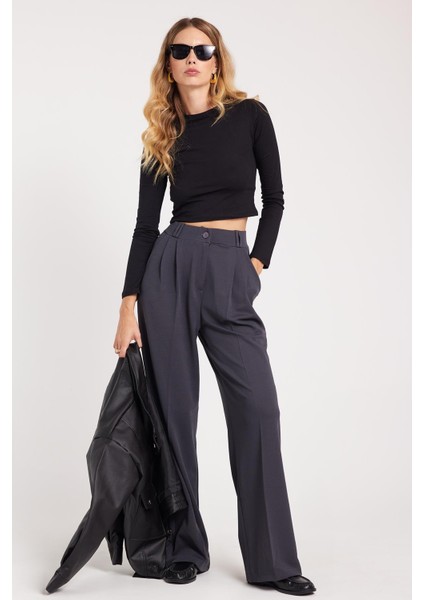 Kadın Regular Fit Klasik Kesim Yüksel Bel Geniş Paça Antrasit Pantolon fiyatları