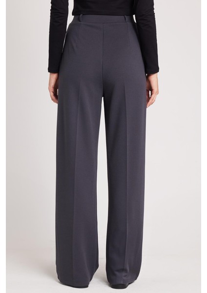 Kadın Regular Fit Klasik Kesim Yüksel Bel Geniş Paça Antrasit Pantolon