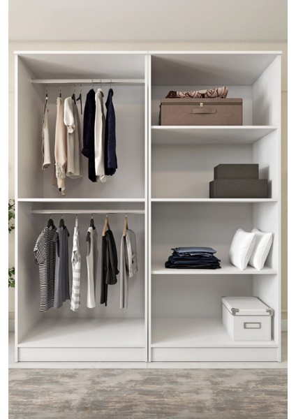 Ases ELA332 Geniş ve Büyük Ölçülü Gardırop Giysi Dolabı Yüklük 2 Askılı 4 Kapaklı Beyaz - Safir Meşe