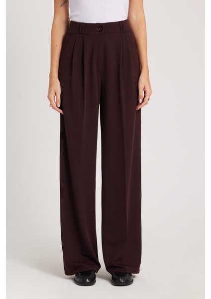 Kadın Regular Fit Klasik Kesim Yüksel Bel Geniş Paça Kahverengi Pantolon