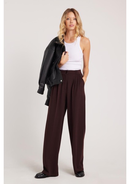 Kadın Regular Fit Klasik Kesim Yüksel Bel Geniş Paça Kahverengi Pantolon fiyatları