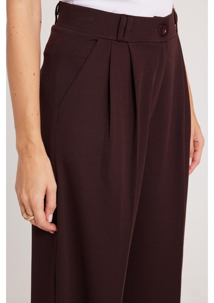 Kadın Regular Fit Klasik Kesim Yüksel Bel Geniş Paça Kahverengi Pantolon modelleri