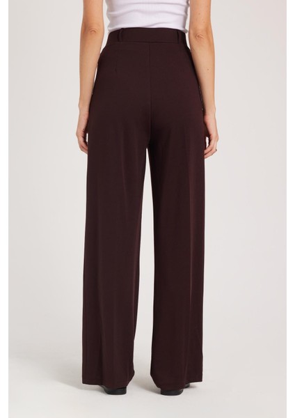 Kadın Regular Fit Klasik Kesim Yüksel Bel Geniş Paça Kahverengi Pantolon