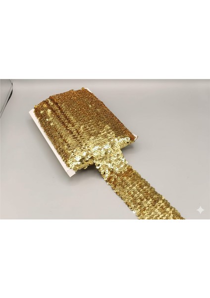 Gold Renk Likralı Pul Şerit 4 cm - 1 Metre - Lastikli Pul Şerit - Payetli Şerit