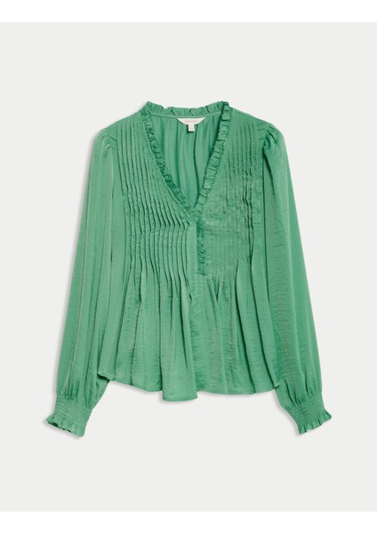 Saten V Yakalı Fırfırlı Pile Detaylı Uzun Kol Bluz modelleri