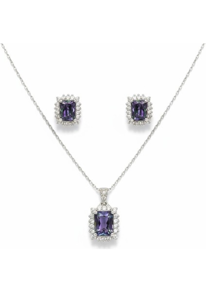 Mistik Topaz Taşlı Dikdörtgen Kesim 925 Ayar Gümüş Kolye Küpe Seti