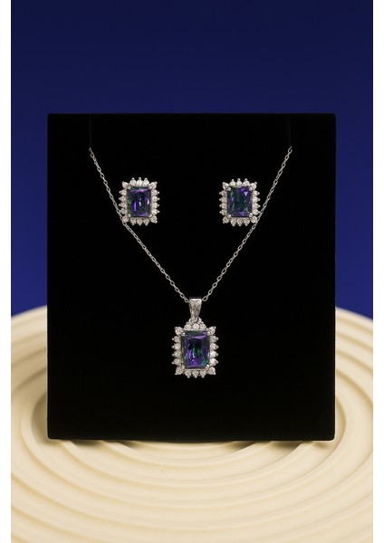 Mistik Topaz Taşlı Dikdörtgen Kesim 925 Ayar Gümüş Kolye Küpe Seti fiyatları