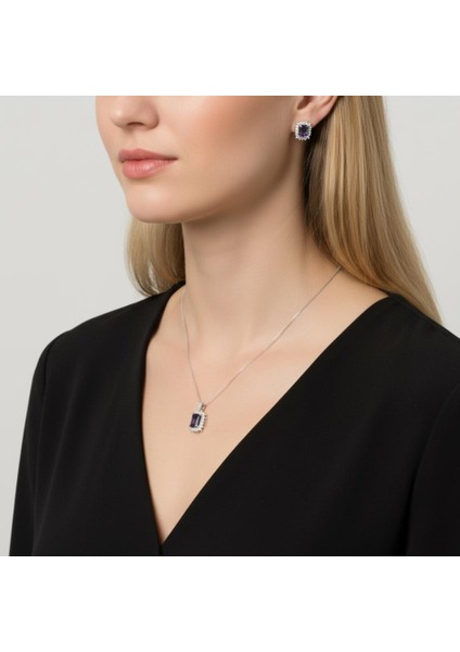 Mistik Topaz Taşlı Dikdörtgen Kesim 925 Ayar Gümüş Kolye Küpe Seti fırsatları