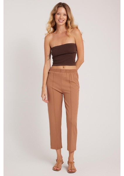 Kadın Relax Fit Rahat Kesim Yüksel Bel Düz Paça Beli Lastikli Açık Bej Pantolon fiyatları