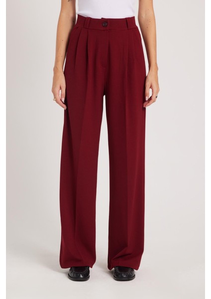 Kadın Regular Fit Klasik Kesim Yüksel Bel Geniş Paça Bordo Pantolon