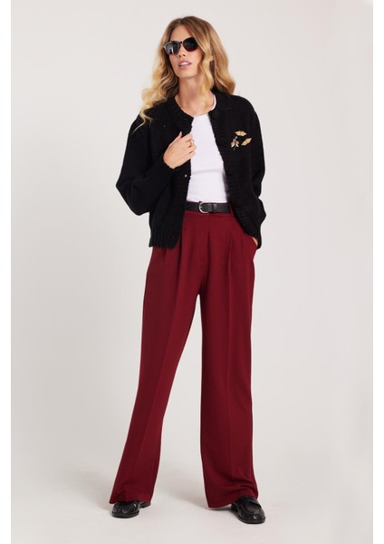 Kadın Regular Fit Klasik Kesim Yüksel Bel Geniş Paça Bordo Pantolon fiyatları