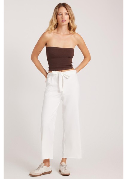 Kadın Relax Fit Rahat Kesim Lastikli Kuşak Bağlamalı Geniş Paça Beyaz Pantolon fiyatları
