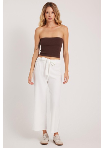 Kadın Relax Fit Rahat Kesim Lastikli Kuşak Bağlamalı Geniş Paça Beyaz Pantolon indirimleri