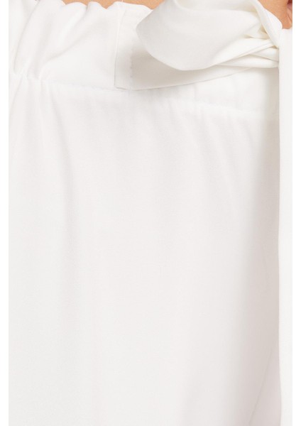 Kadın Relax Fit Rahat Kesim Lastikli Kuşak Bağlamalı Geniş Paça Beyaz Pantolon