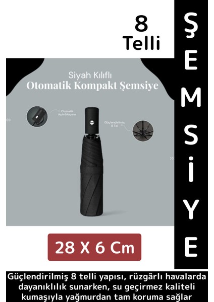 Kompakt Seyahat Şemsiyesi, Dayanıklı 8 Telli, Otomatik Açma Kapanma, Kılıflı, Siyah