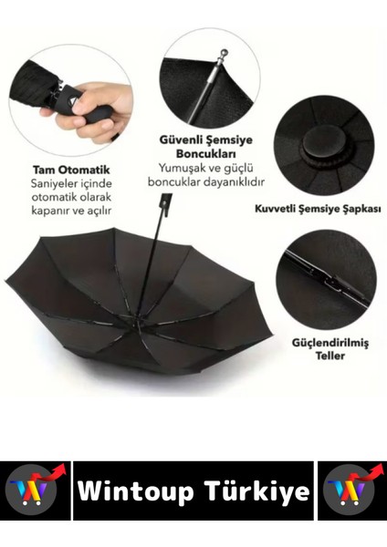 Kompakt Seyahat Şemsiyesi, Dayanıklı 8 Telli, Otomatik Açma Kapanma, Kılıflı, Siyah indirimleri