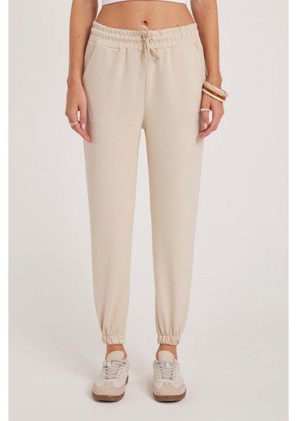 Kadın Relax Fit Rahat Kesim Modal Kumaş Beli Bağlamalı Lastikli Jogger Taş Pantolon