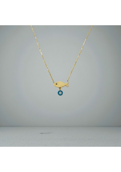 Balık Figürlü Sallantılı Nazar Boncuklu 14 Ayar Altın Kolye