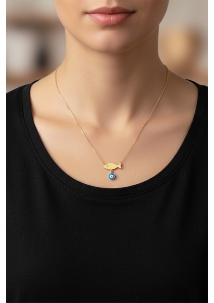 Balık Figürlü Sallantılı Nazar Boncuklu 14 Ayar Altın Kolye fiyatları