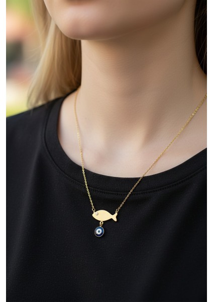 Balık Figürlü Sallantılı Nazar Boncuklu 14 Ayar Altın Kolye modelleri