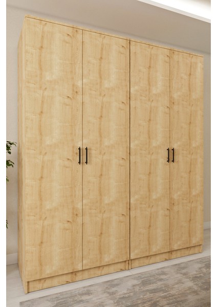 Ases ELA332 Geniş ve Büyük Ölçülü Gardırop Giysi Dolabı Yüklük 2 Askılı 4 Kapaklı Beyaz - Safir Meşe