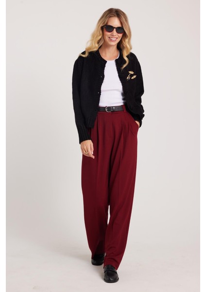 Kadın Regular Fit Klasik Kesim Yüksel Bel Geniş Paça Bordo Pantolon fırsatları