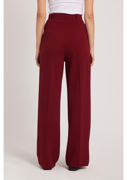 Kadın Regular Fit Klasik Kesim Yüksel Bel Geniş Paça Bordo Pantolon