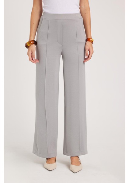 Kadın Relax Fit Rahat Kesim Modal Kumaş Yüksel Bel Geniş Paça Gri Pantolon