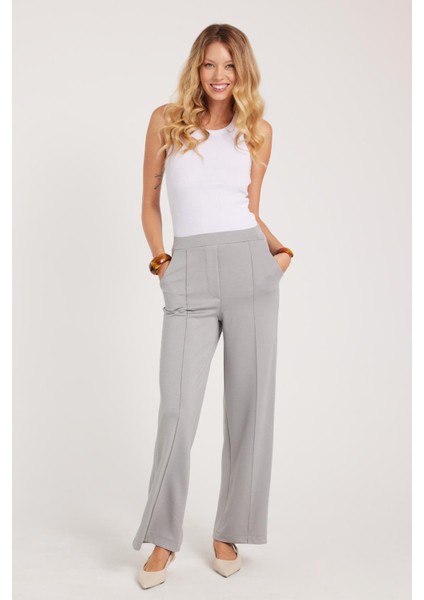 Kadın Relax Fit Rahat Kesim Modal Kumaş Yüksel Bel Geniş Paça Gri Pantolon fiyatları