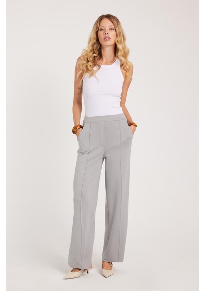 Kadın Relax Fit Rahat Kesim Modal Kumaş Yüksel Bel Geniş Paça Gri Pantolon fırsatları