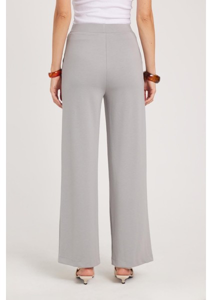 Kadın Relax Fit Rahat Kesim Modal Kumaş Yüksel Bel Geniş Paça Gri Pantolon